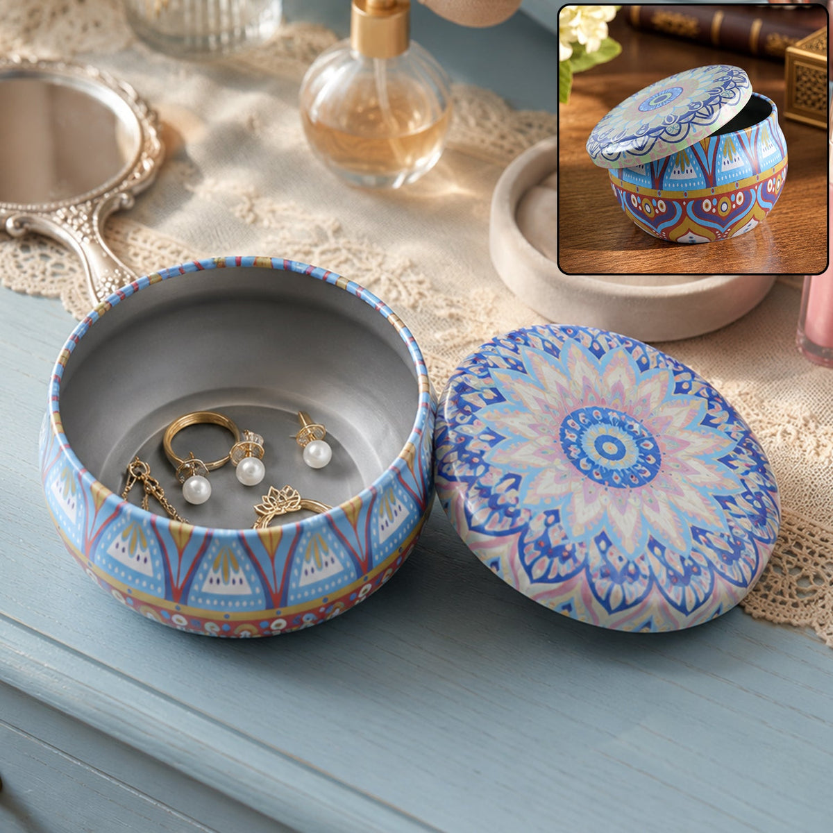 Metal mandala tin box, decorative round container for candles and trinkets (1 pc) Main image