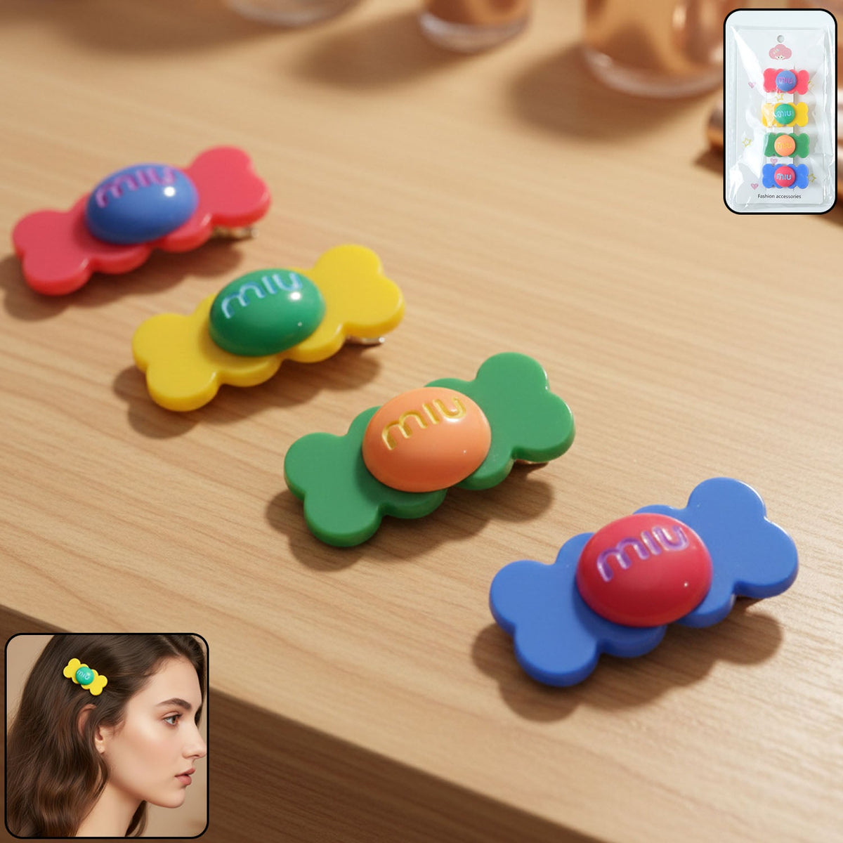 Set of four colorful candy hair clips with vibrant snap design on white background Main image