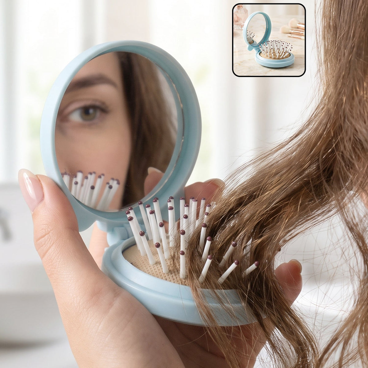 2 in 1 folding hair brush with mirror, compact pop up design for travel (1 pc) Main image