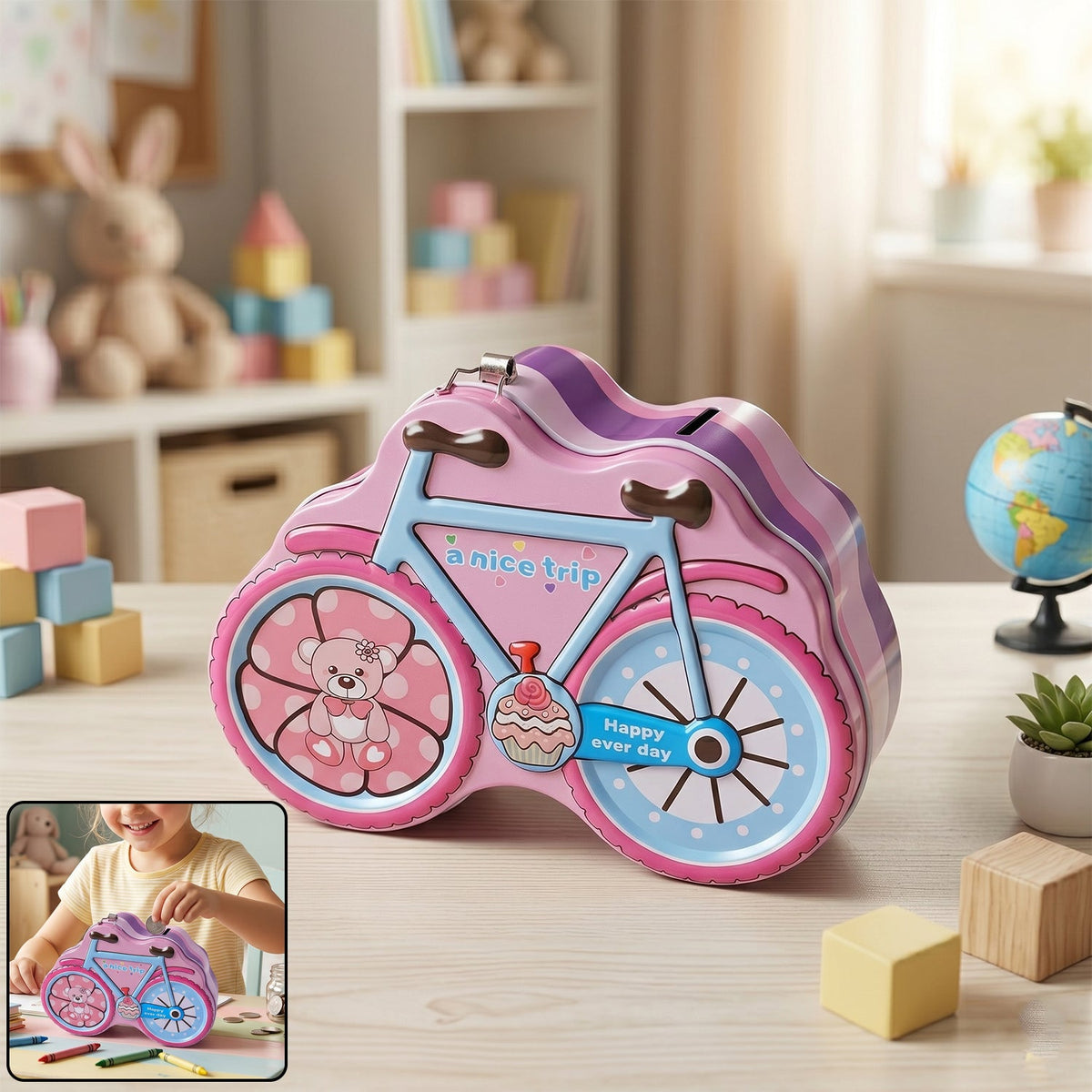 Pink and blue bicycle-shaped piggy bank with lock for kids Main image