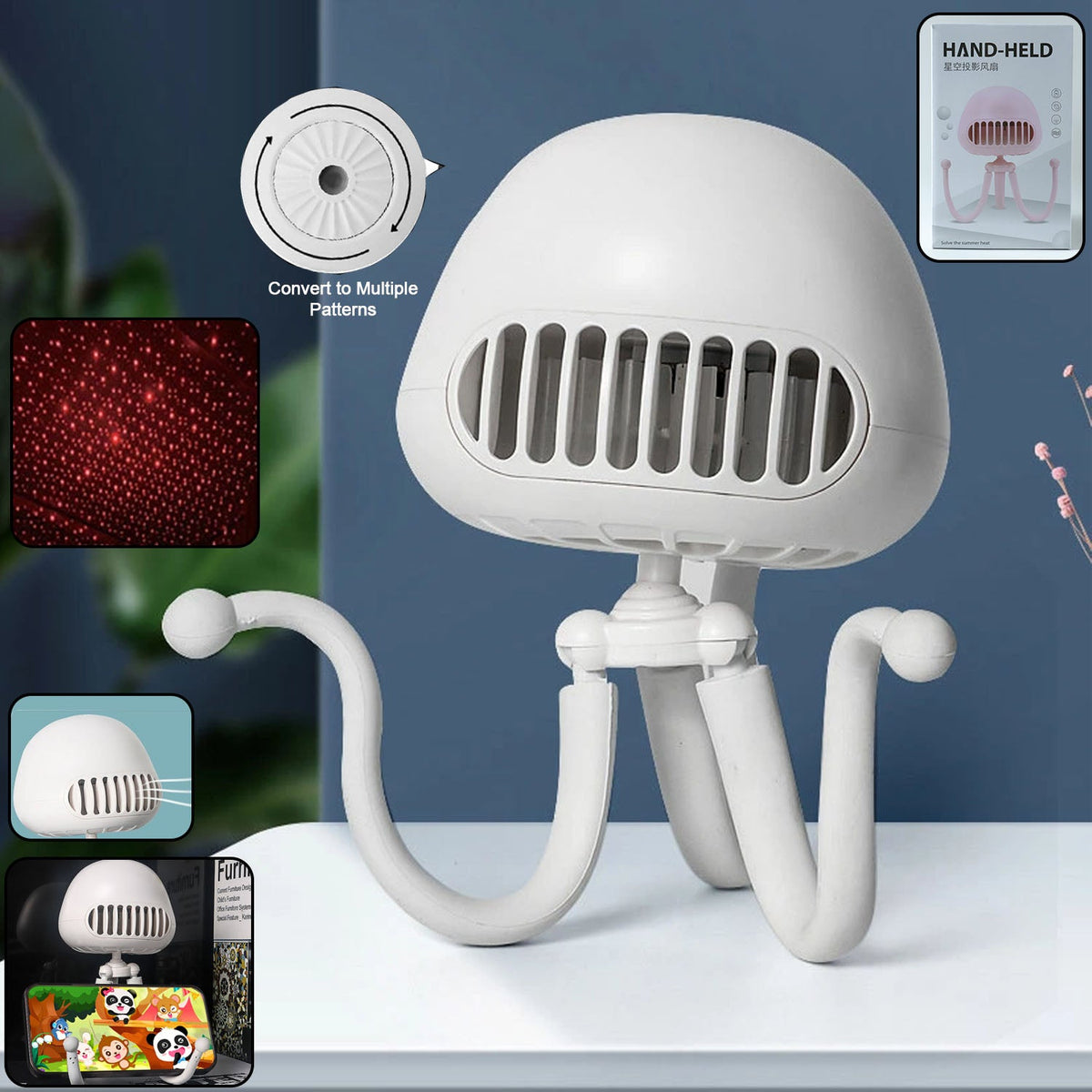 Handheld mini fan with LED star projector showing summer cooling effect Main image