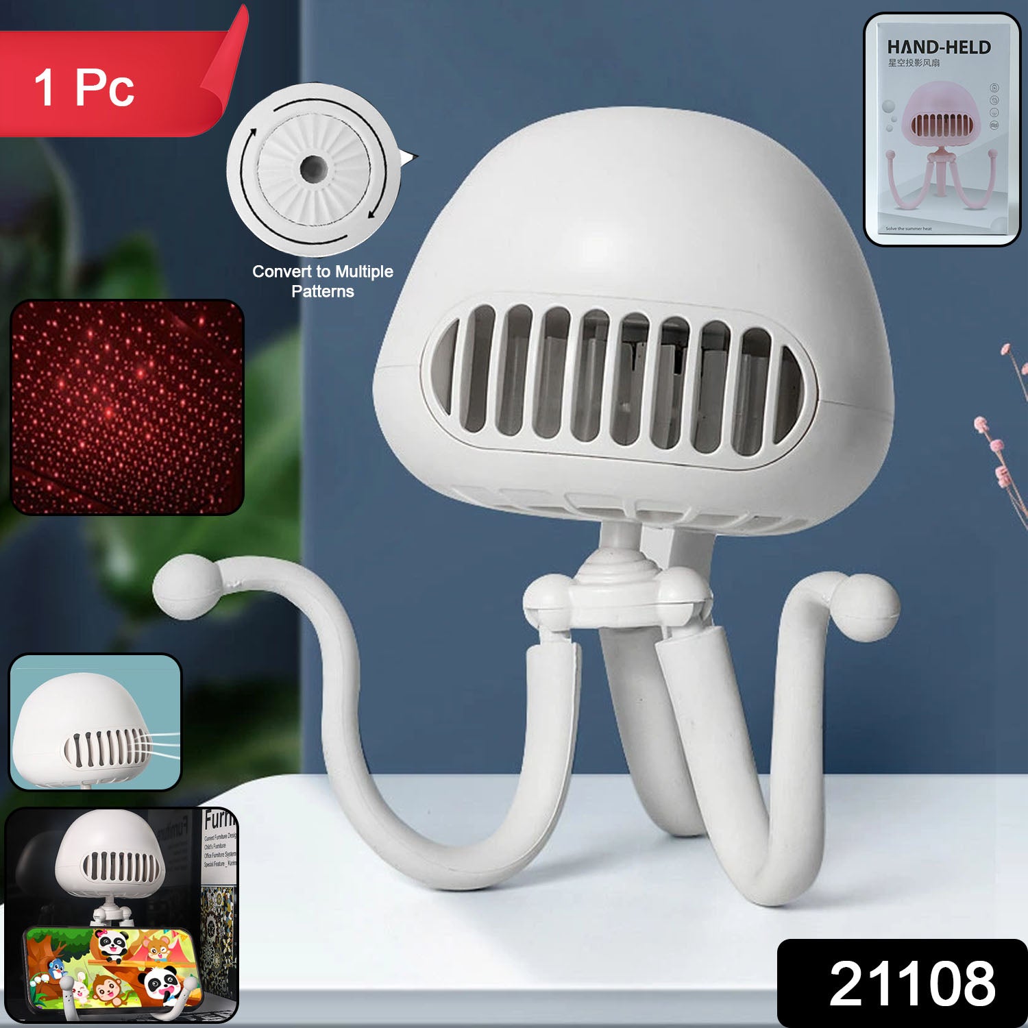 Handheld Mini Fan with LED Star Projector & Flexible Tripod Stand Secondary image
