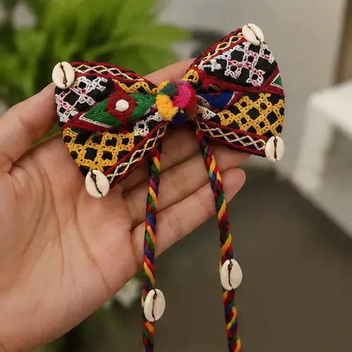 Set of 2 Navratri Hair Bow Alligator Clips – Handmade Multicolor Braided Ethnic Hair Accessories with Pom-Poms & Cowrie Shells