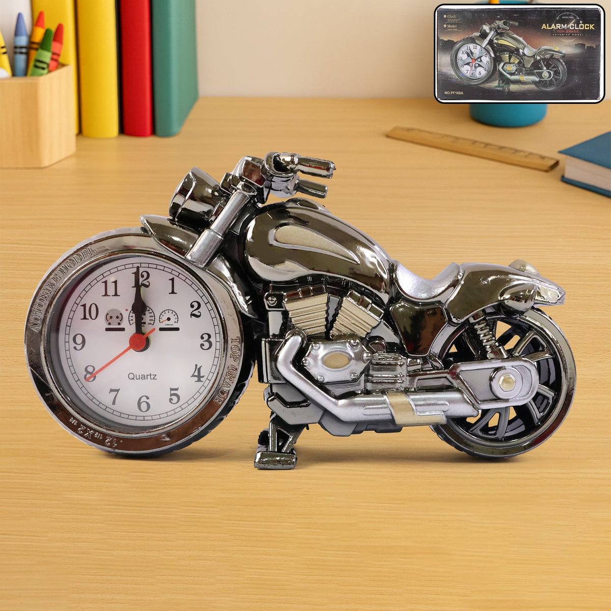 Front view of stylish motorcycle alarm clock with analog display Main image