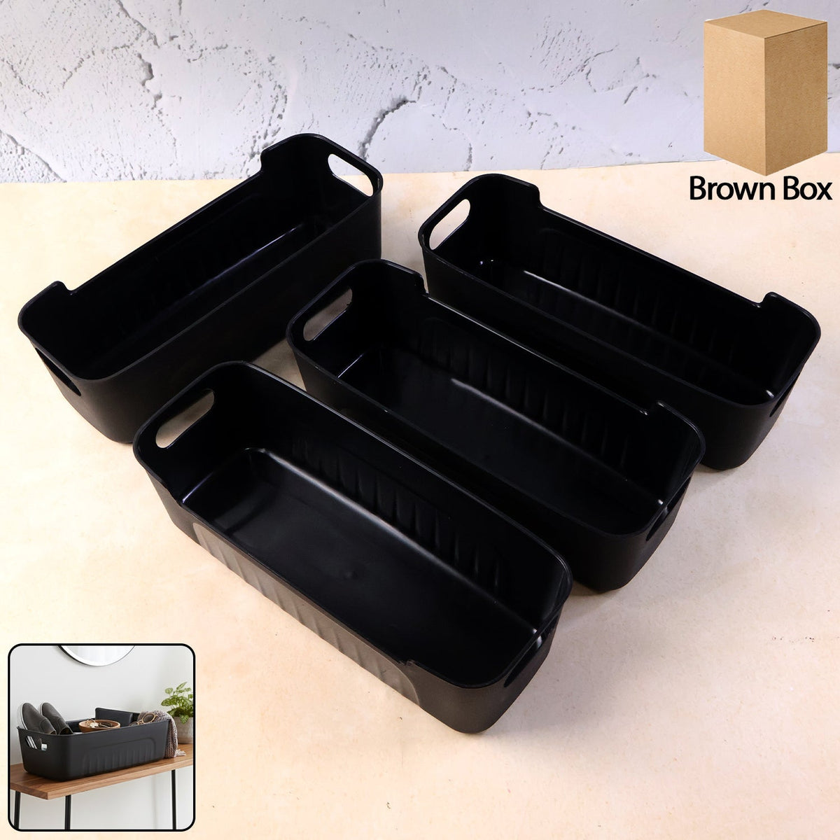 Black plastic storage basket tray set of 4 with stackable design Main image