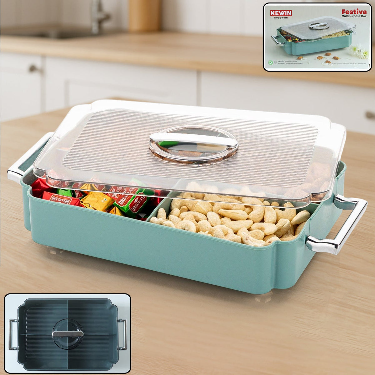 4 compartment plastic food storage container with transparent lid and side handles Main image