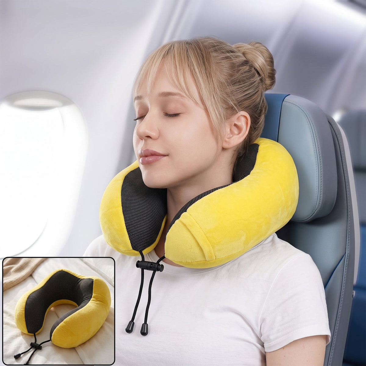 U shaped soft neck pillow, yellow plush travel pillow with drawstring (1 pc) Main image