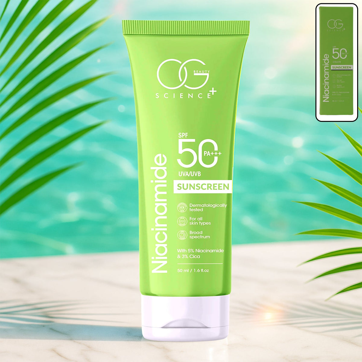 OG Beauty Niacinamide Sunscreen SPF 50 PA+++ tube with broad spectrum protection Main image