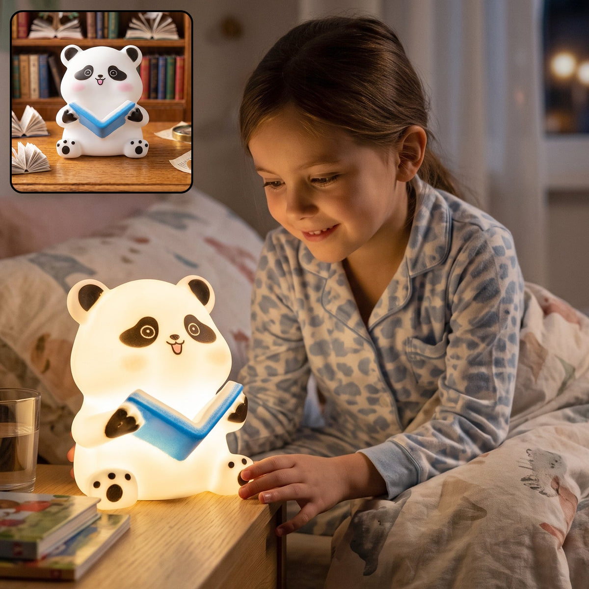 Panda reading LED night light, cute silicone bedside lamp for kids (1 pc) Main image