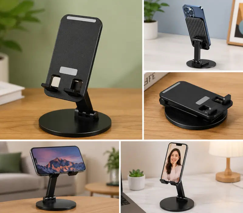 Adjustable Foldable Mobile Holder Stand – 360° Rotating Desktop Phone Stand with Non-Slip Silicone Grip