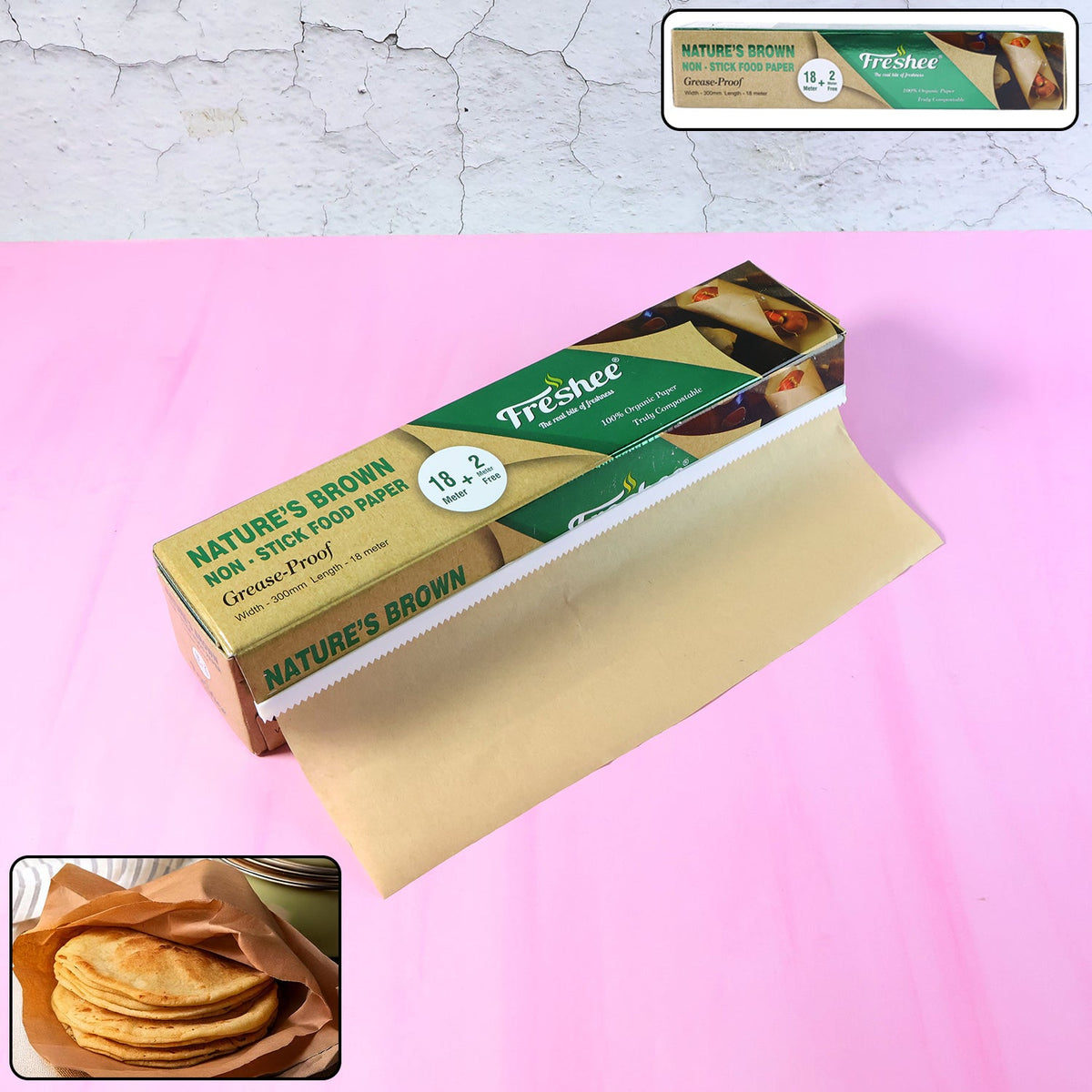 Brown non-stick food paper roll with eco-friendly packaging and serrated cutter Main image