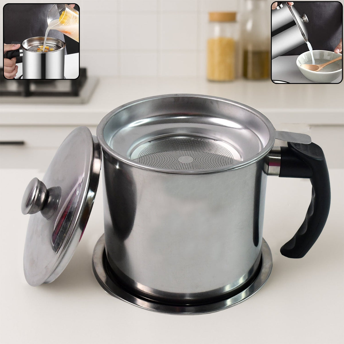 Stainless steel oil strainer pot with lid and fine mesh filter Main image