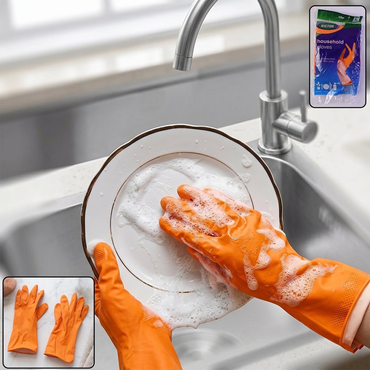 Large reusable orange rubber cleaning gloves suitable for kitchen cleaning Main image
