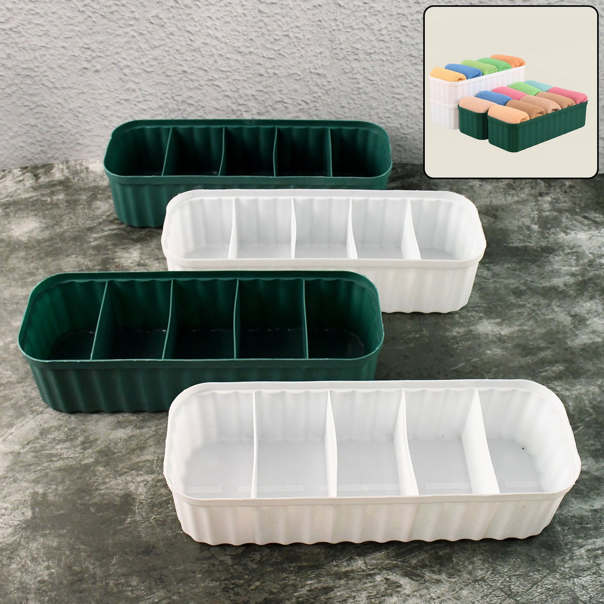 Four 5-compartment drawer organizers neatly stacked, storing socks and underwear. Main image