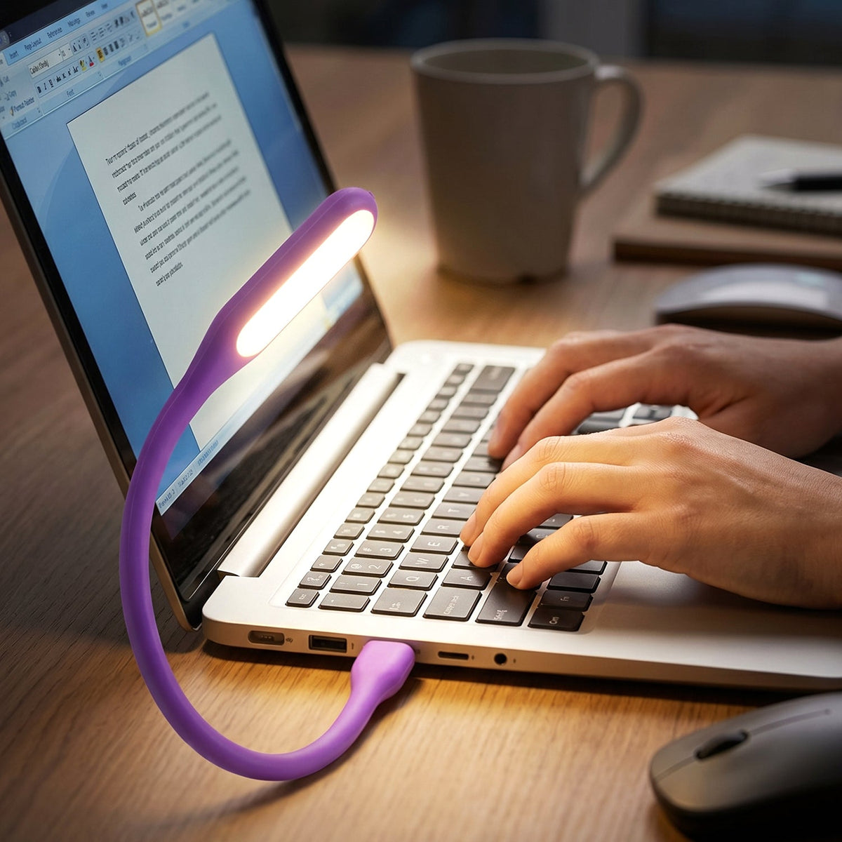 Purple Flexible USB LED Light illuminating a laptop keyboard for focused work. Main image