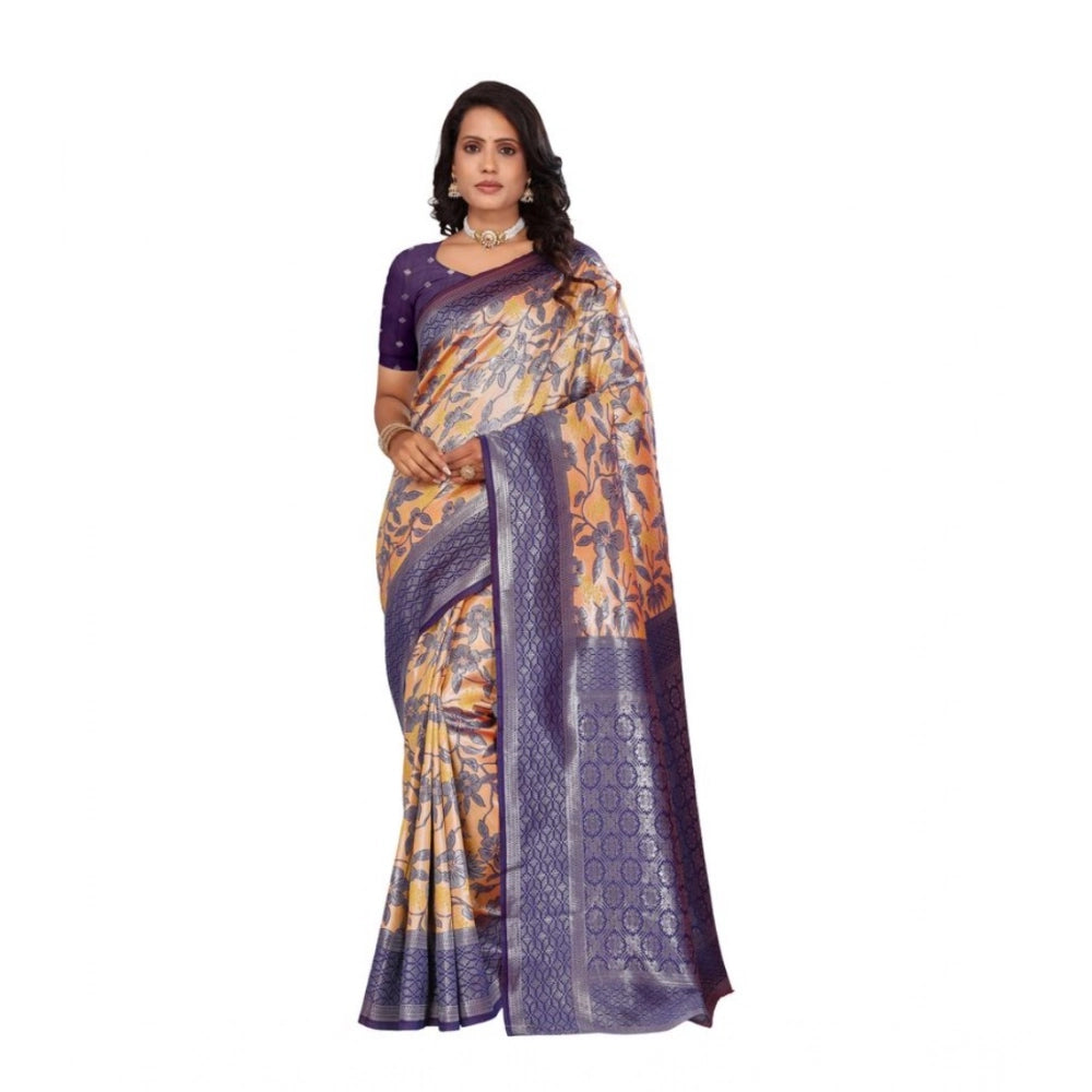 Generic Women's Banarasi Silk Jaquard Woven Saree With Unstitched Blouse 5.5Mtr (Orange) Main image