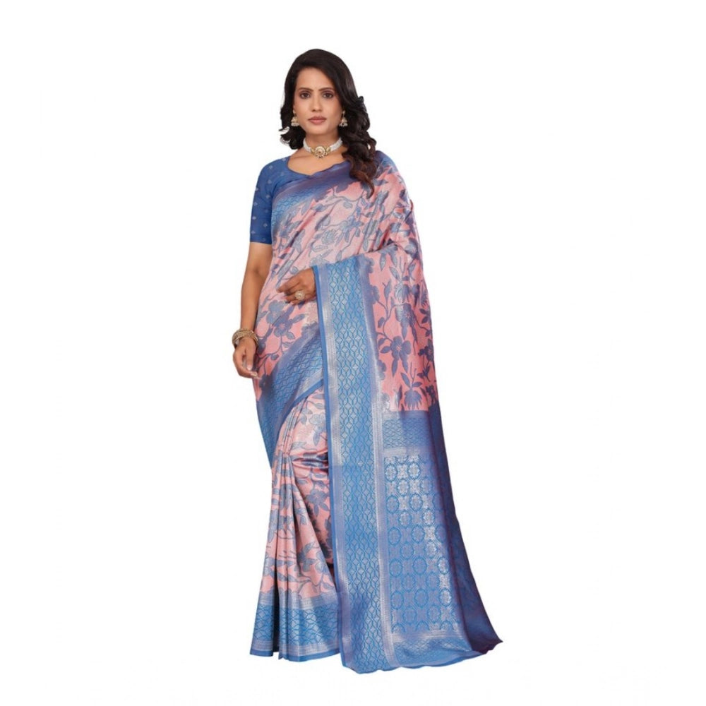 Generic Women's Banarasi Silk Jaquard Woven Saree With Unstitched Blouse 5.5Mtr (Pink) Main image