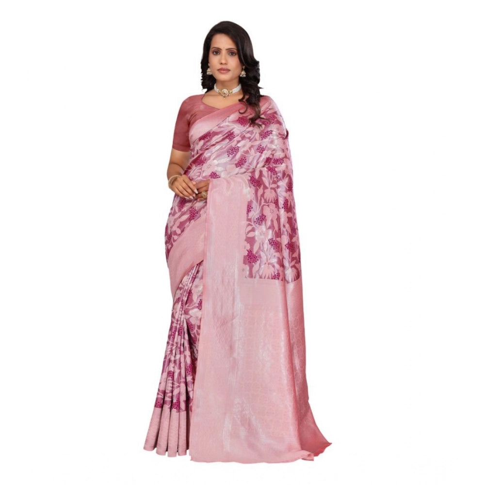 Generic Women's Banarasi Silk Jaquard Woven Saree With Unstitched Blouse 5.5Mtr (Pink) Main image