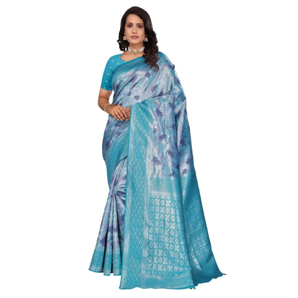 Generic Women's Banarasi Silk Jaquard Woven Saree With Unstitched Blouse 5.5Mtr (Light Blue)