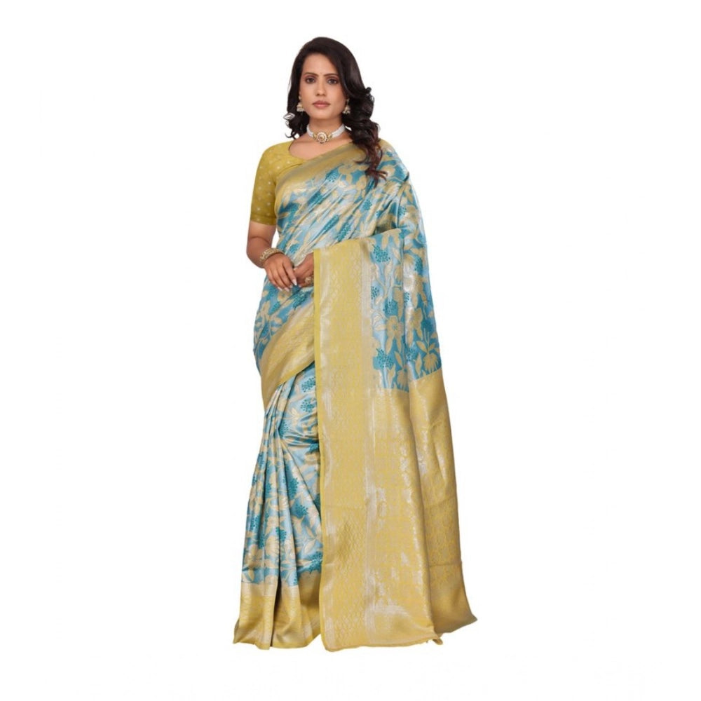 Generic Women's Banarasi Silk Jaquard Woven Saree With Unstitched Blouse 5.5Mtr (Yellow) Main image