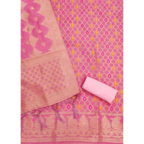Generic Women's Banarasi Silk Printed Unstitched Salwar Suit Material With Dupatta (Pink, 3Mtrs)