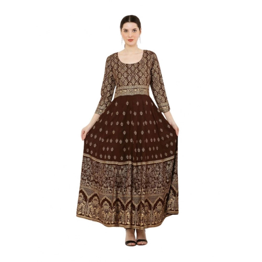 Generic Women's Casual Rayon 3-4th Sleeves Anarkali Kurti (Brown) Main image