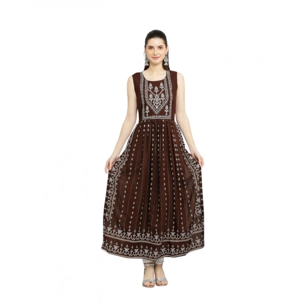 Generic Women's Casual Rayon Sleeveless Kurti (Brown) Main image