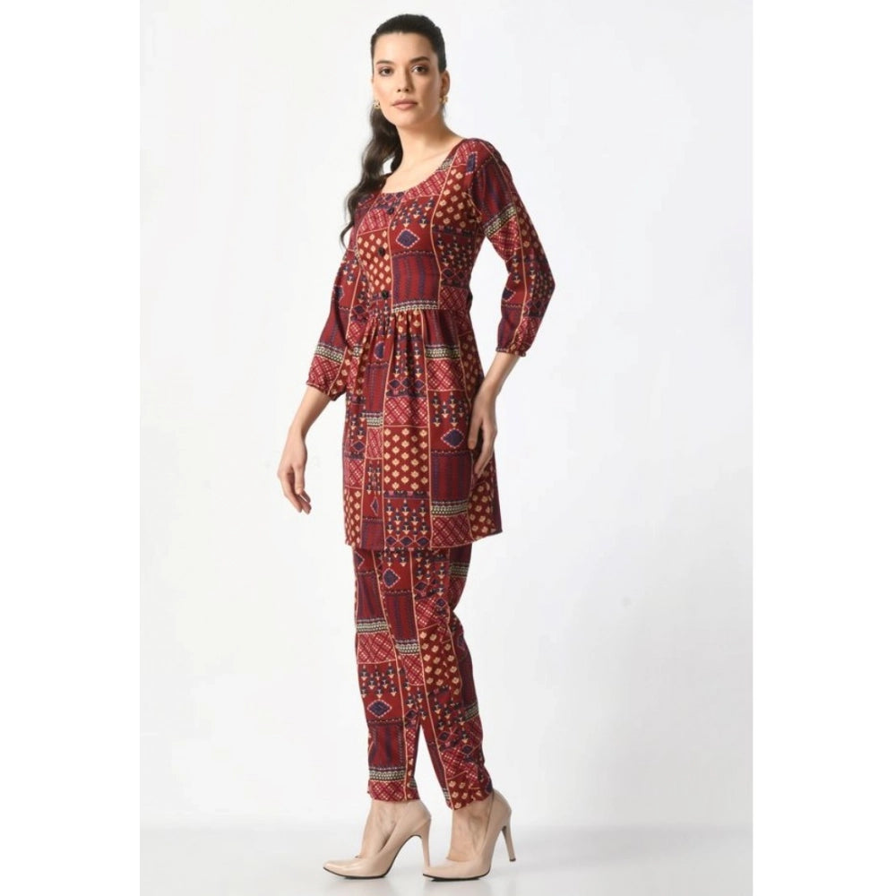 Generic Women's Casual Crepe 3-4th Sleeves Cord Set (Maroon) Secondary image