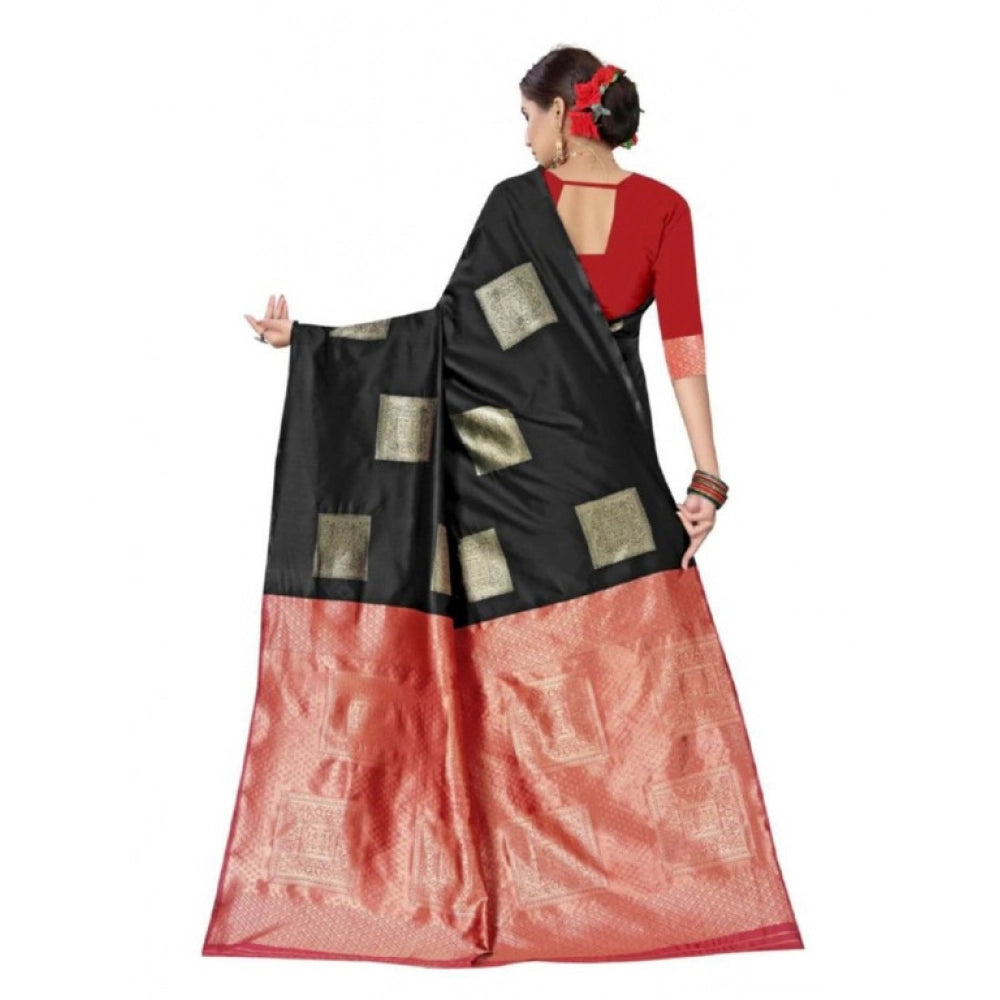 Generic Women's Soft Lichi Silk Printed Saree With Unstitched Blouse 5.5Mtr (Black) Secondary image