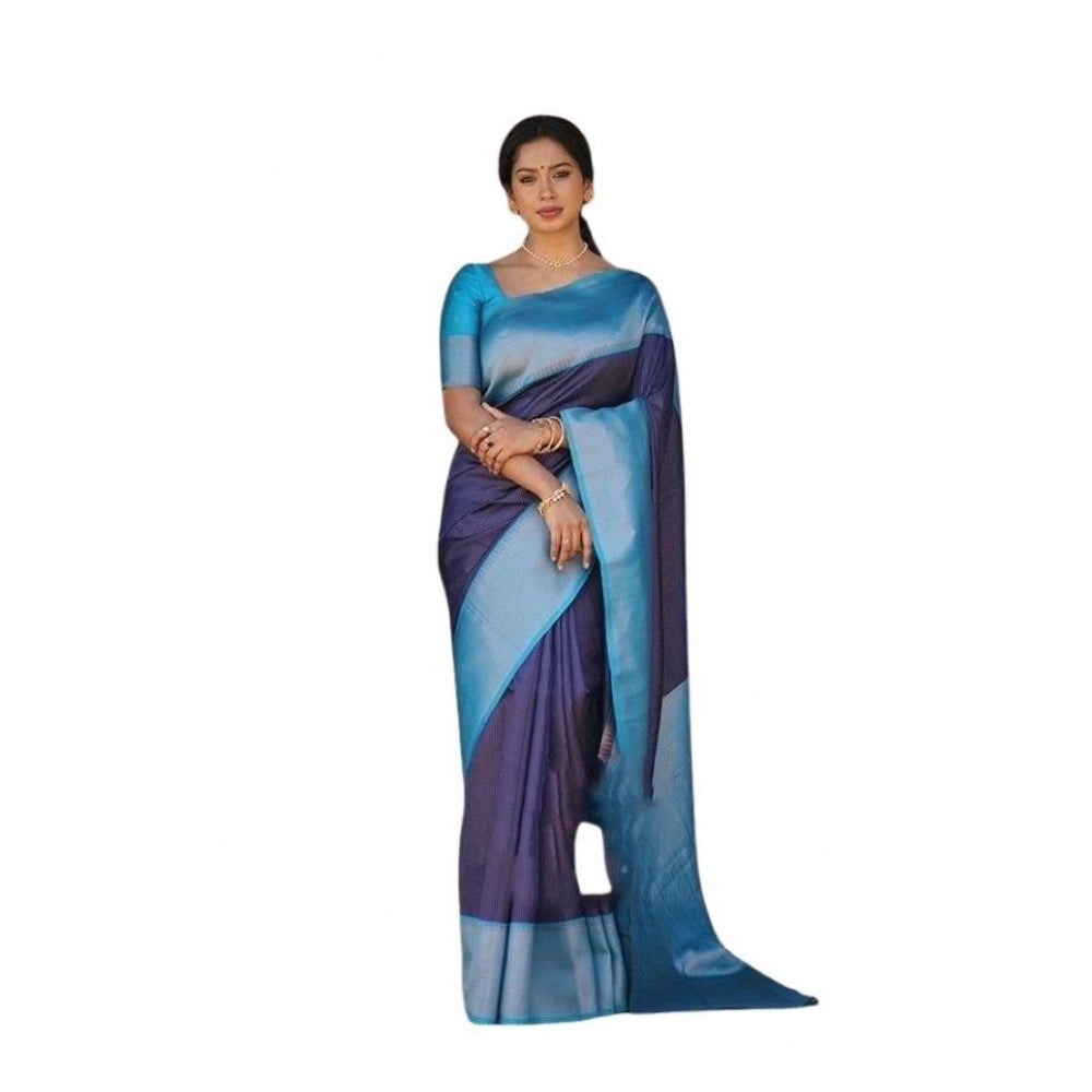 Generic Women's Soft Lichi Silk Printed Saree With Unstitched Blouse 5.5Mtr (Blue) Main image