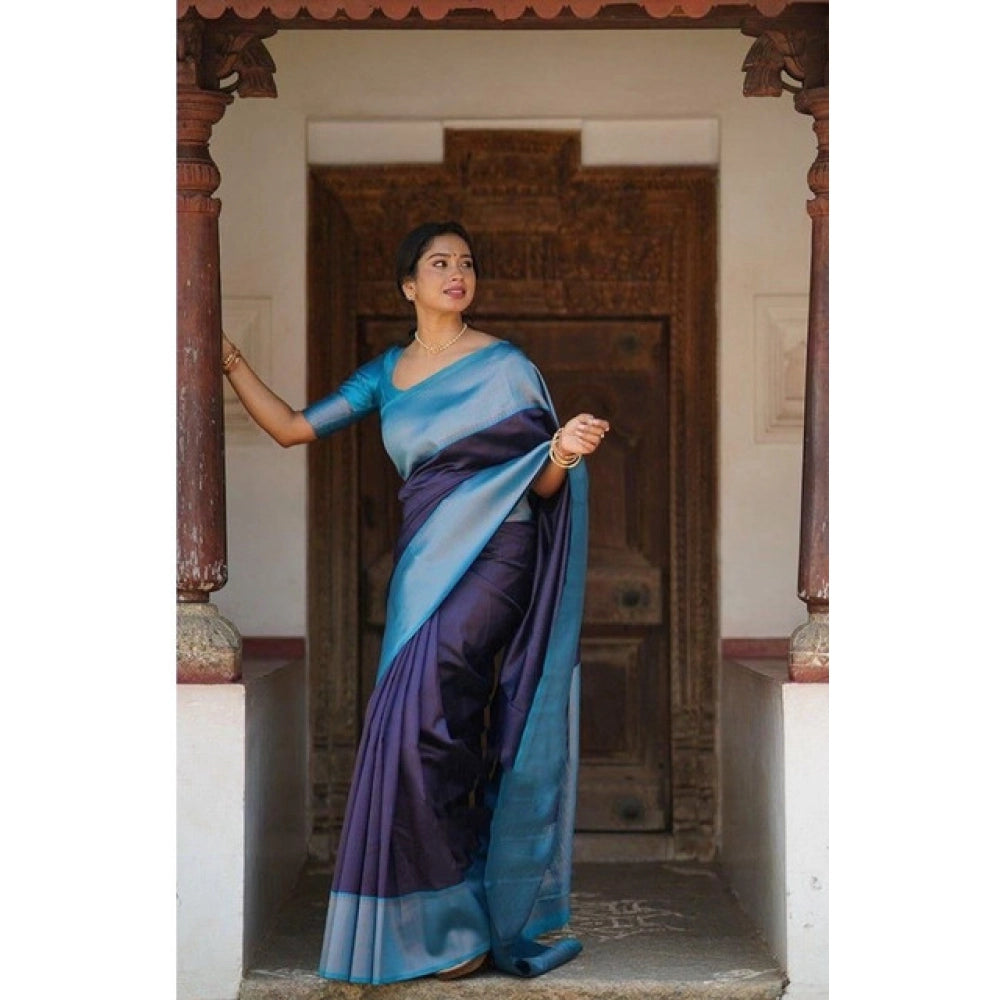 Generic Women's Soft Lichi Silk Printed Saree With Unstitched Blouse 5.5Mtr (Blue) Secondary image