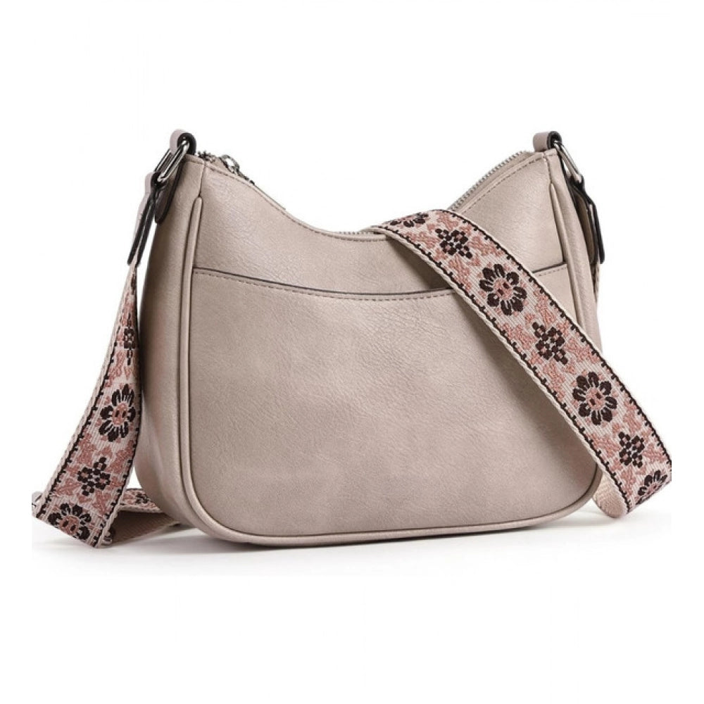 Generic Women's PU Leather Zipper Sling Bag (Beige) Main image