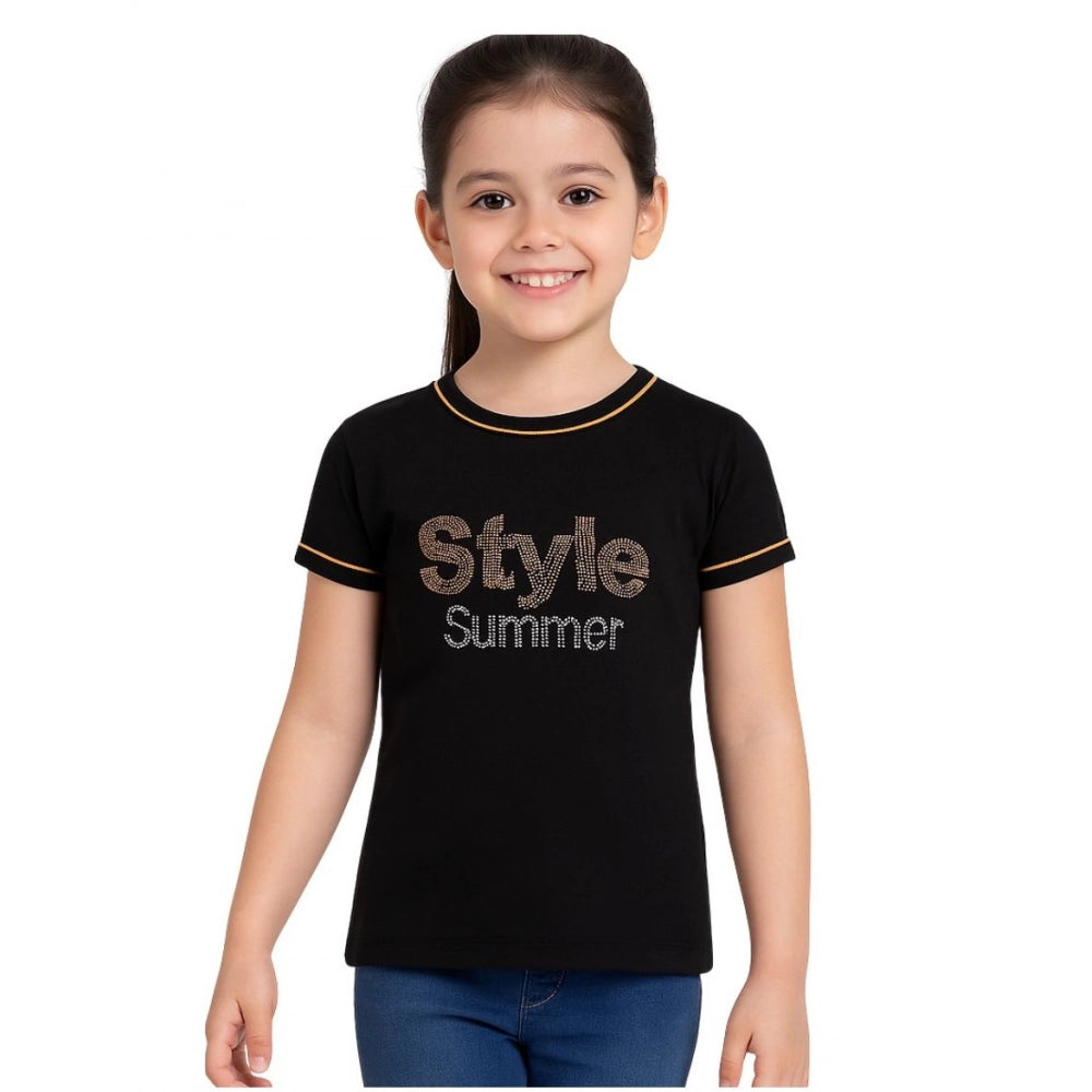 Generic Girl's Cotton Printeded Round Neck T-Shirt (Black) Main image