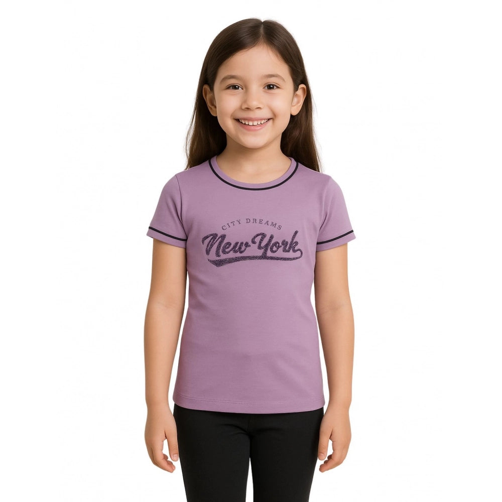Generic Girl's Cotton Printeded Round Neck T-Shirt (Lavander) Main image