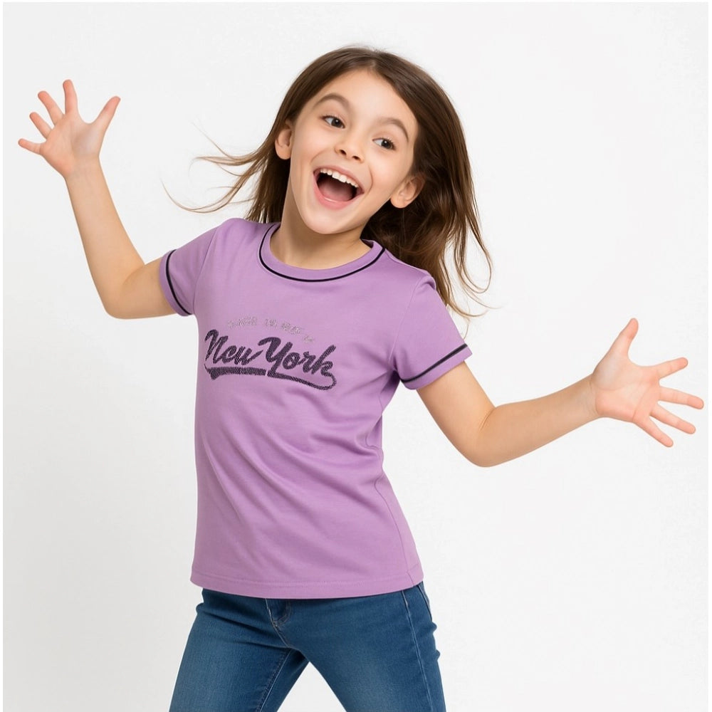 Generic Girl's Cotton Printeded Round Neck T-Shirt (Lavander) Secondary image