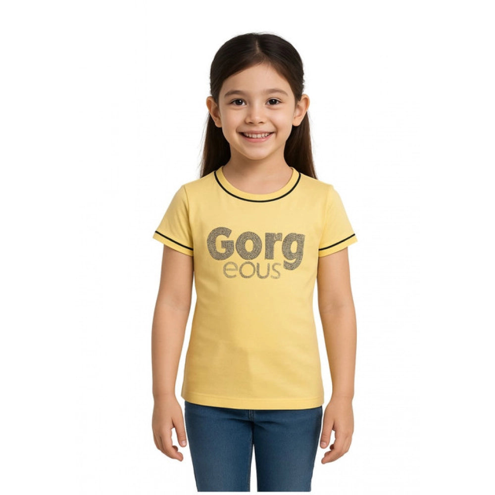 Generic Girl's Cotton Printeded Round Neck T-Shirt (Yellow) Main image