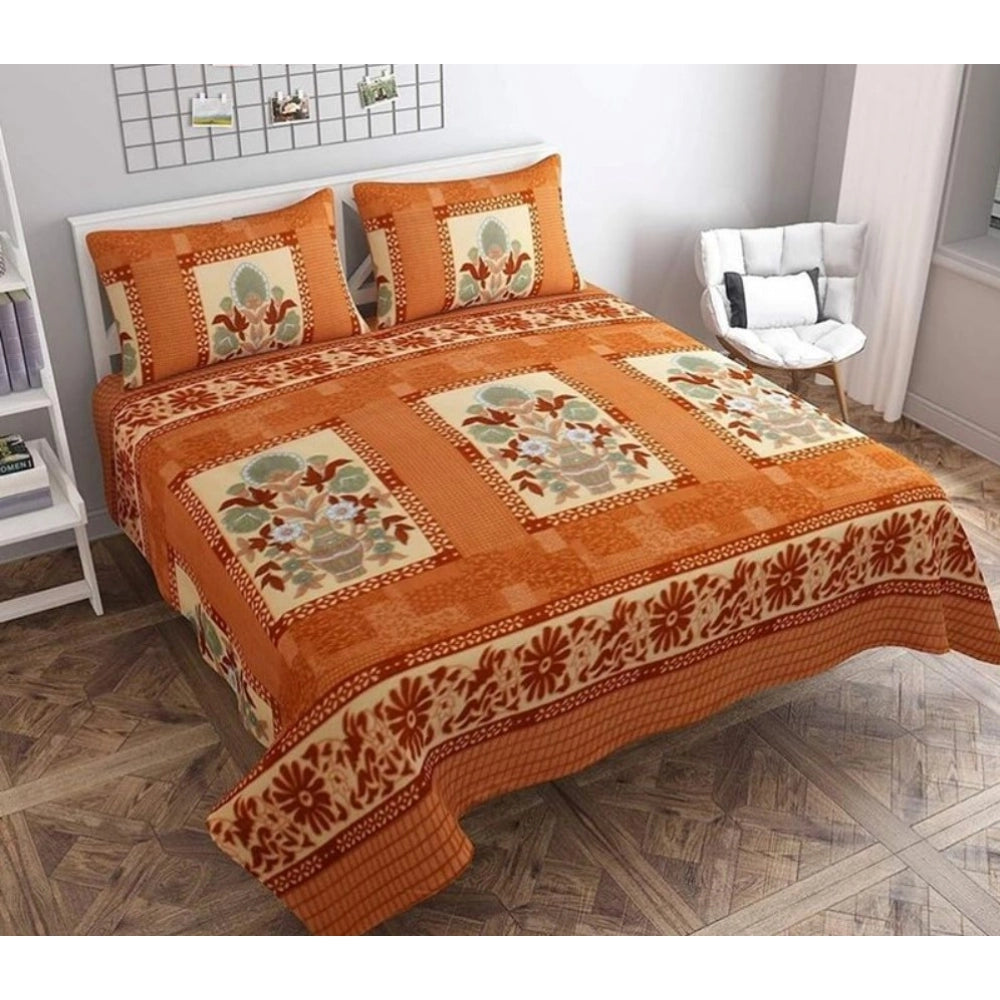 Generic Fleece Floral Printed Double Polar Warm Bedsheet with 2 Pillow Cover (Orange) Main image