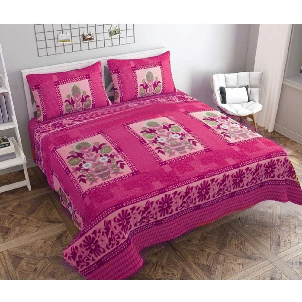 Generic Fleece Floral Printed Double Polar Warm Bedsheet with 2 Pillow Cover (Pink) Main image