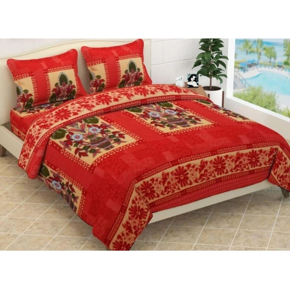 Generic Fleece Floral Printed Double Polar Warm Bedsheet with 2 Pillow Cover (Red) Main image