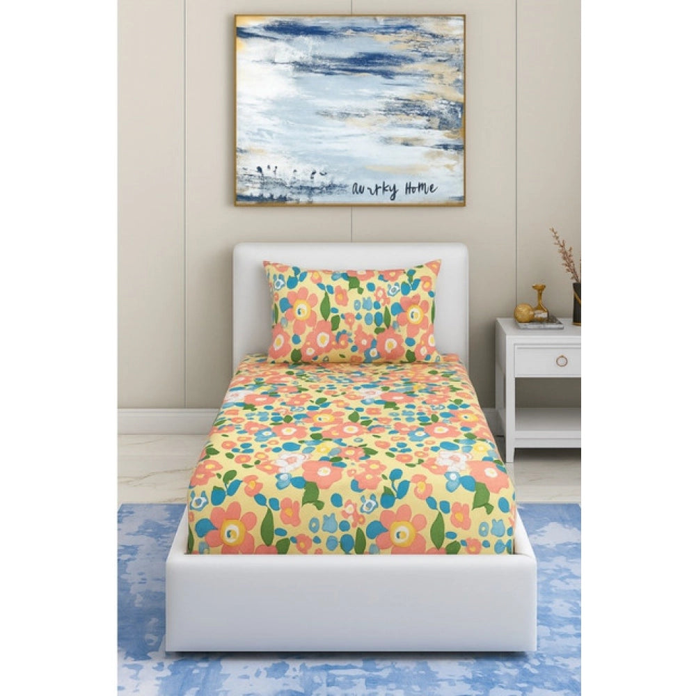 Generic Cotton Blend Floral Printed Single Bedsheet with 1 Pillow Cover (Yellow) Main image