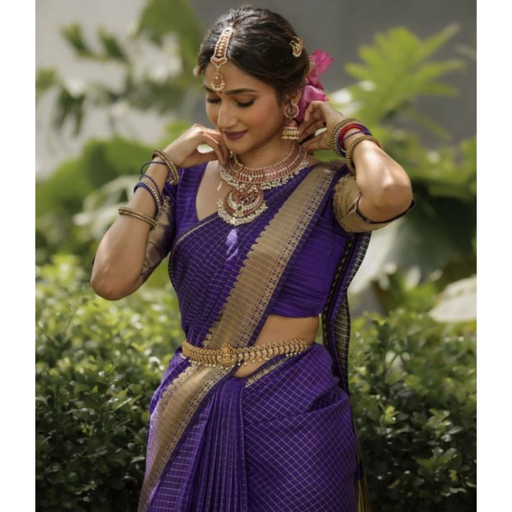 Generic Women's Banarasi Silk Printed Saree With Unstitched Blouse 5.5Mtr (Purple) Main image