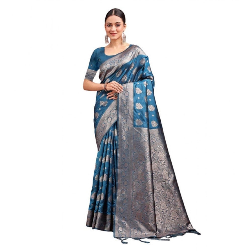 Generic Women's Banarasi Silk Printed Saree With Unstitched Blouse 5.5Mtr (Teal Blue) Main image