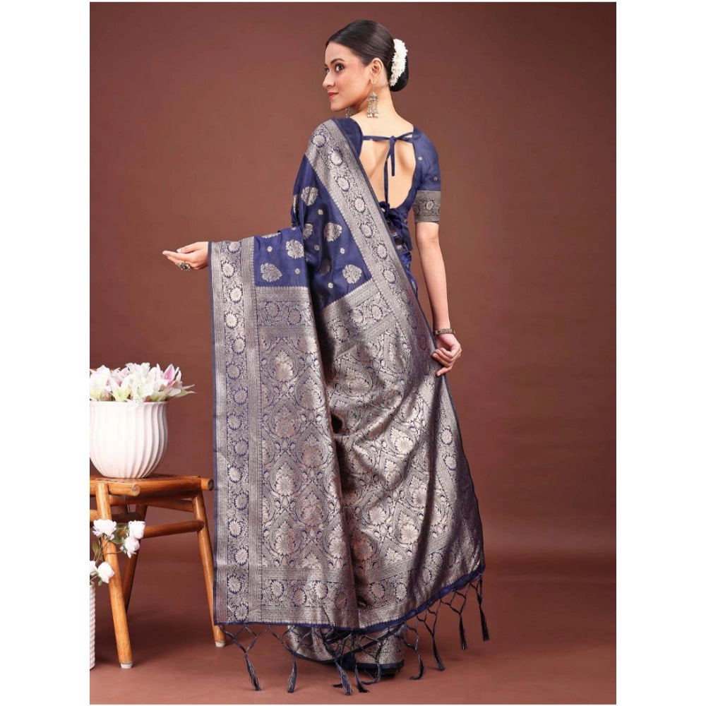 Generic Women's Banarasi Silk Printed Saree With Unstitched Blouse 5.5Mtr (Navy Blue) Secondary image
