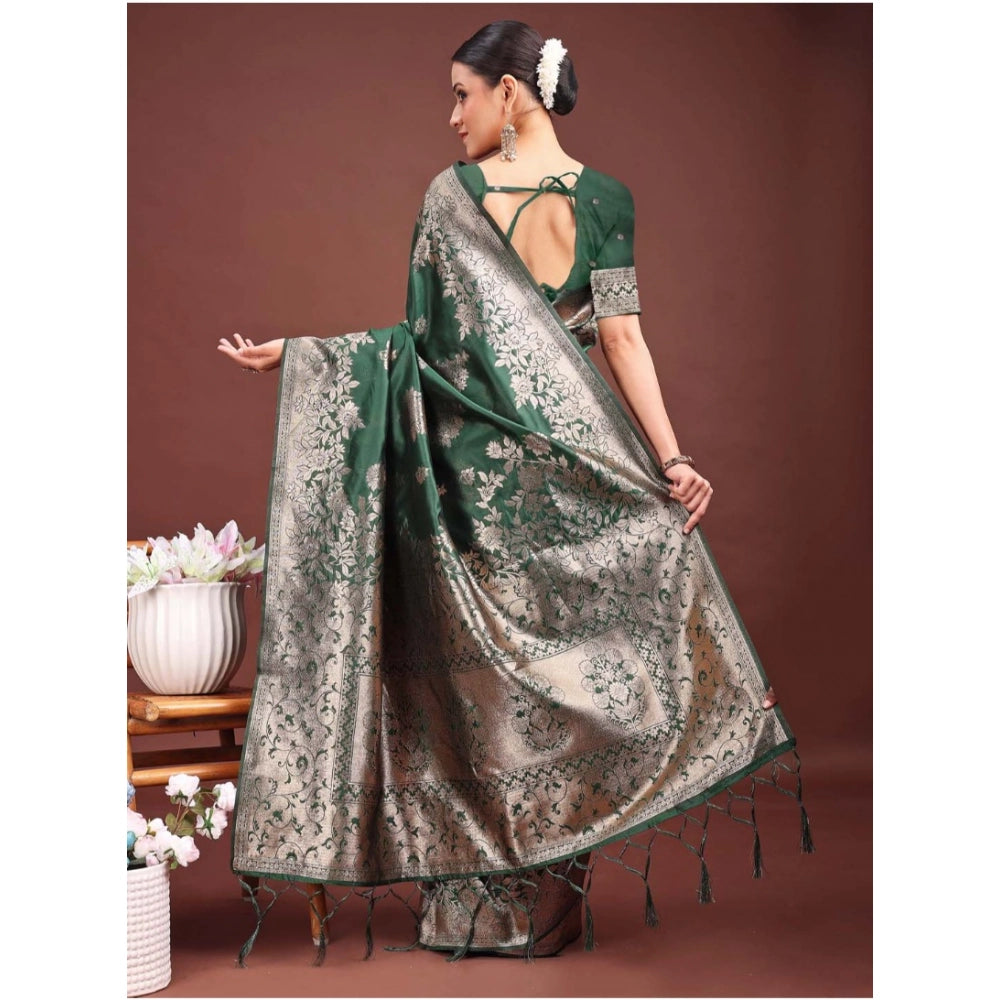Generic Women's Banarasi Silk Printed Saree With Unstitched Blouse 5.5Mtr (Dark Green) Secondary image