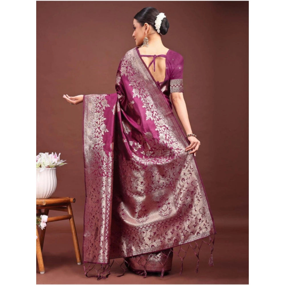 Generic Women's Banarasi Silk Printed Saree With Unstitched Blouse 5.5Mtr (Purple) Secondary image