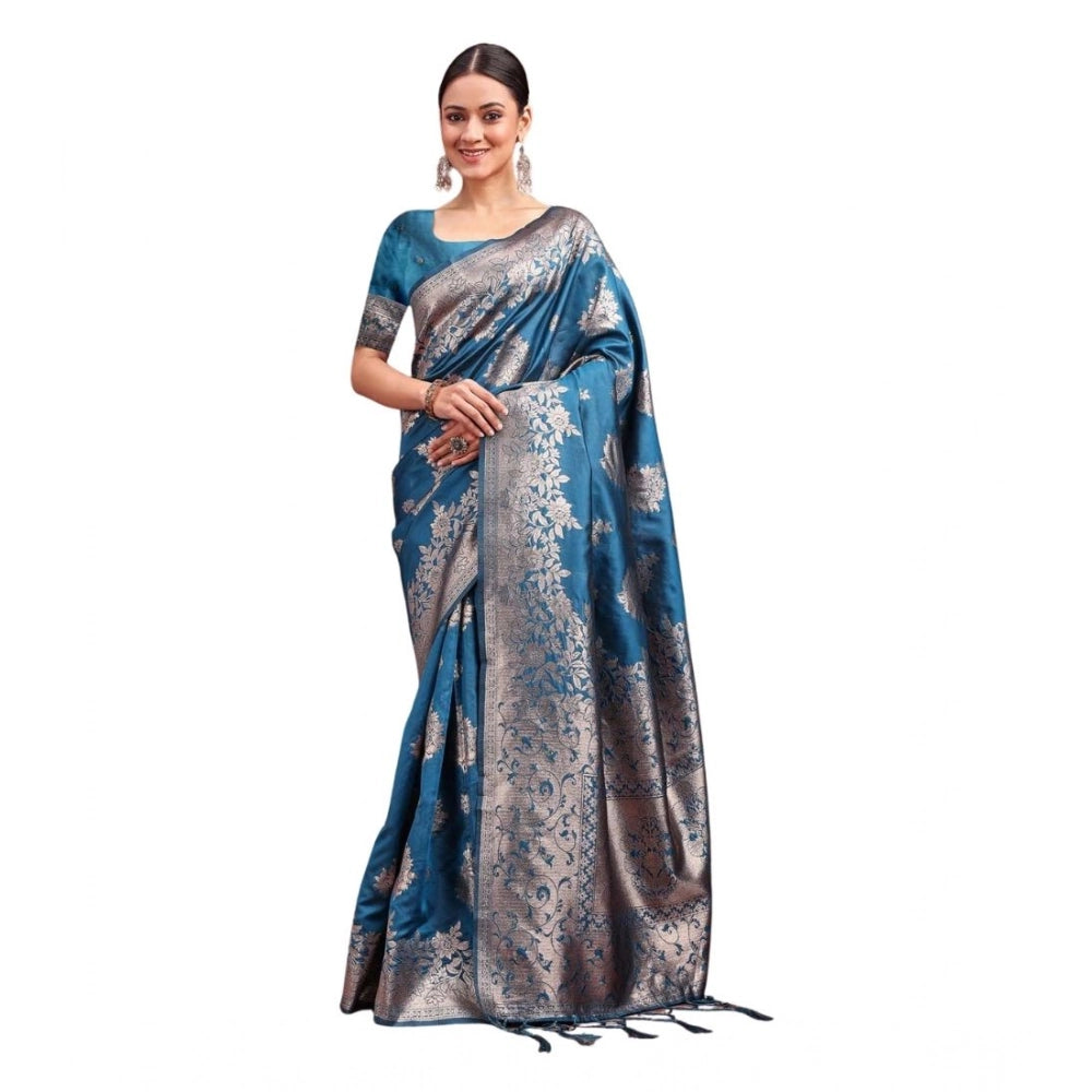 Generic Women's Banarasi Silk Printed Saree With Unstitched Blouse 5.5Mtr (Teal Blue) Main image