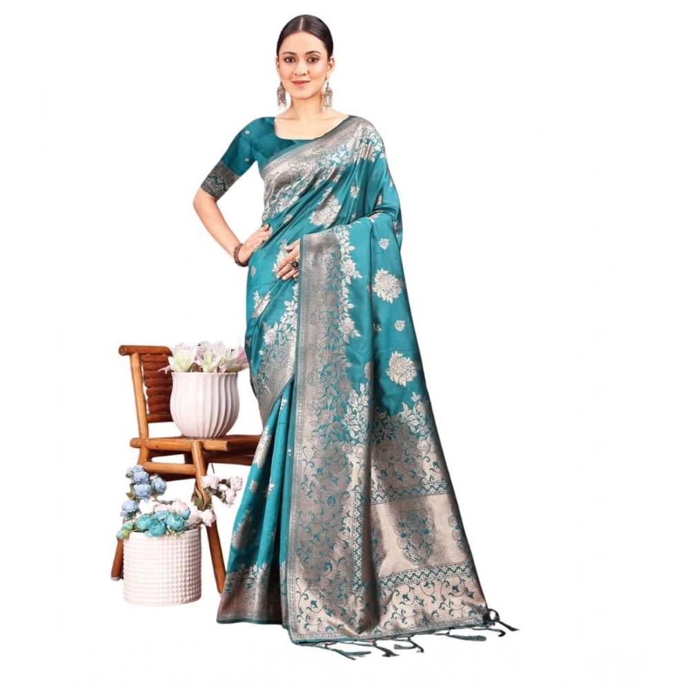 Generic Women's Banarasi Silk Printed Saree With Unstitched Blouse 5.5Mtr (Sea Green) Main image