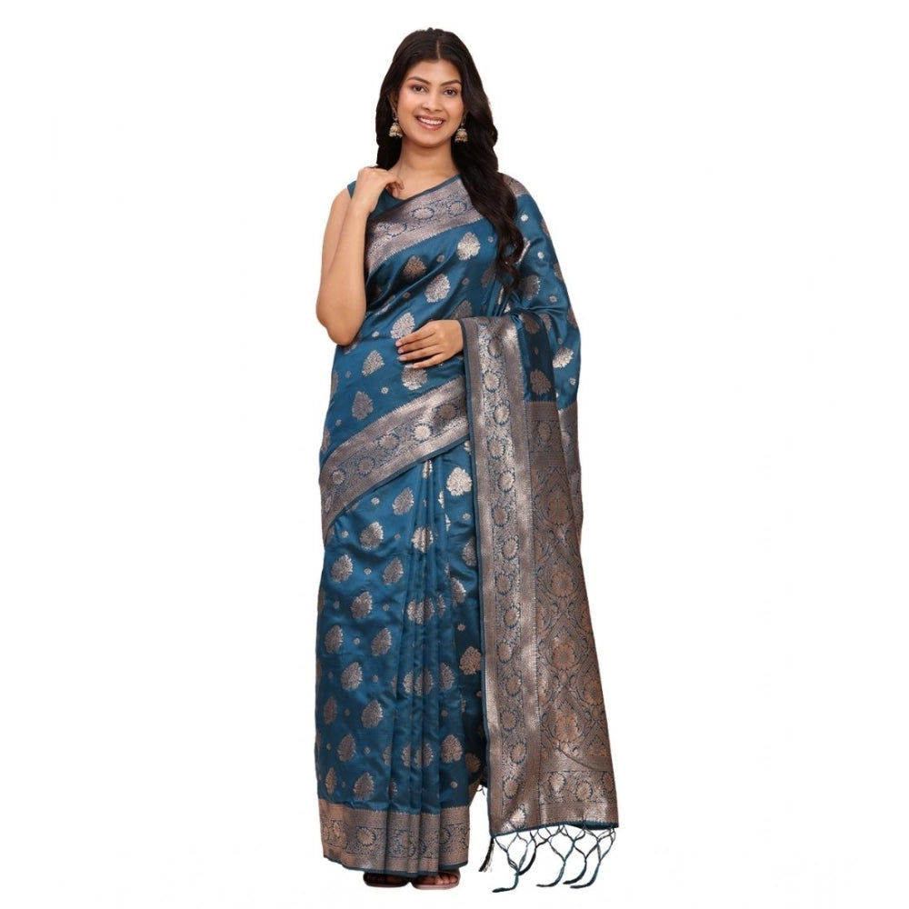 Generic Women's Banarasi Silk Printed Saree With Unstitched Blouse 5.5Mtr (Teal Blue) Main image