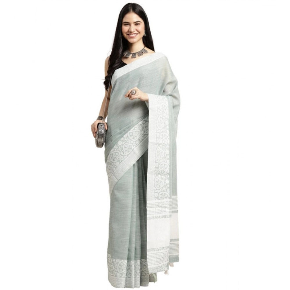 Generic Women's Linen Printed Saree With Unstitched Blouse 5.5Mtr (Sea Green) Main image