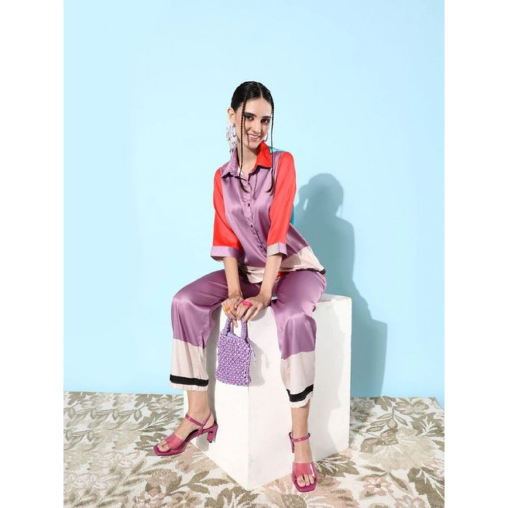 Generic Women's Satin Colour Block Long Sleeves Co-Ord Set (Multicolor) Secondary image